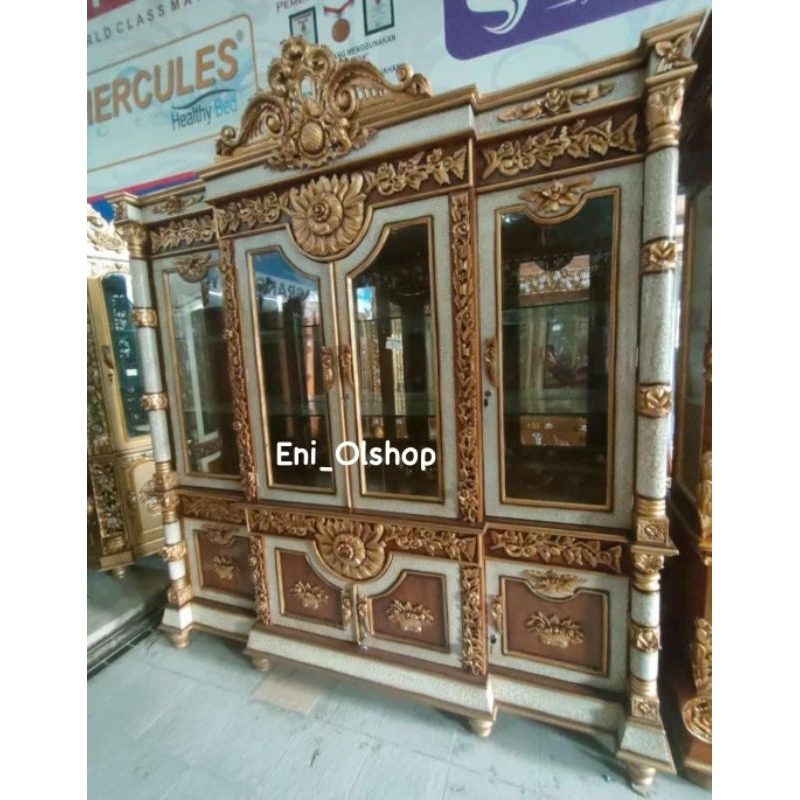 LEMARI HIAS 4 PINTU JATI JEPARA DI SEMPROT GOLD, UKIR JEPARA