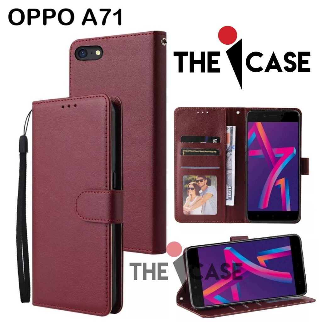 Casing OPPO A71 model flip buka tutup case kulit ada tempat foto dan kartu juga tali hp flip cover