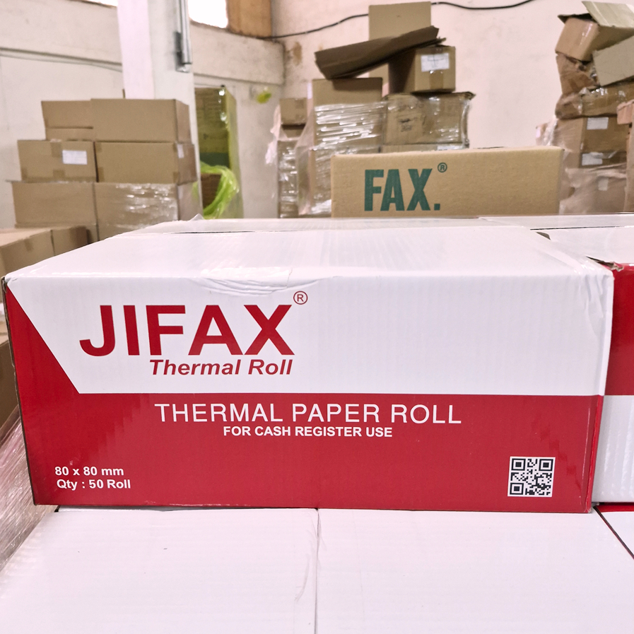 

Jifax Merah 80x80mm core 1 inch Kertas Thermal 1 dus isi 50 roll RJ4