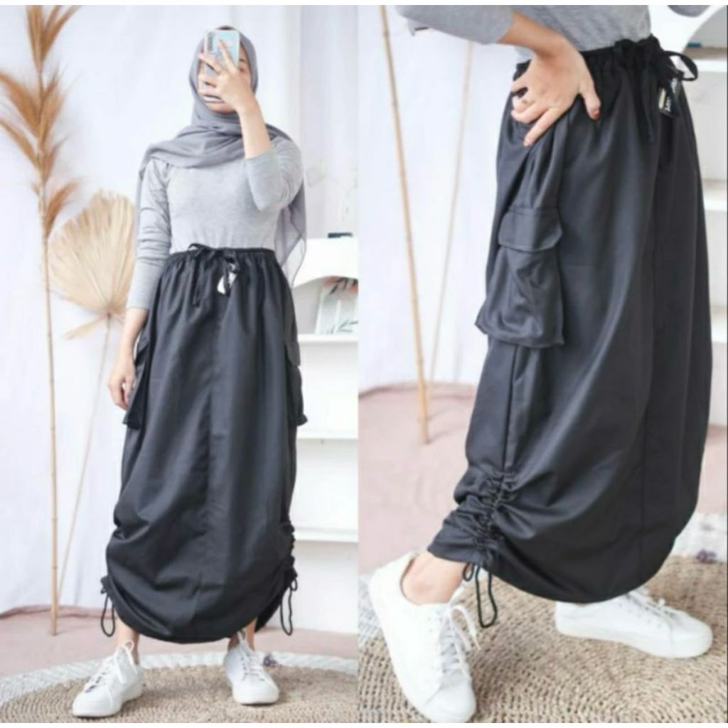 Rok Cargo Serut / Skirt Cargo / Rok Panjang Serut Wanita Samping Kantong Cargo Terkini