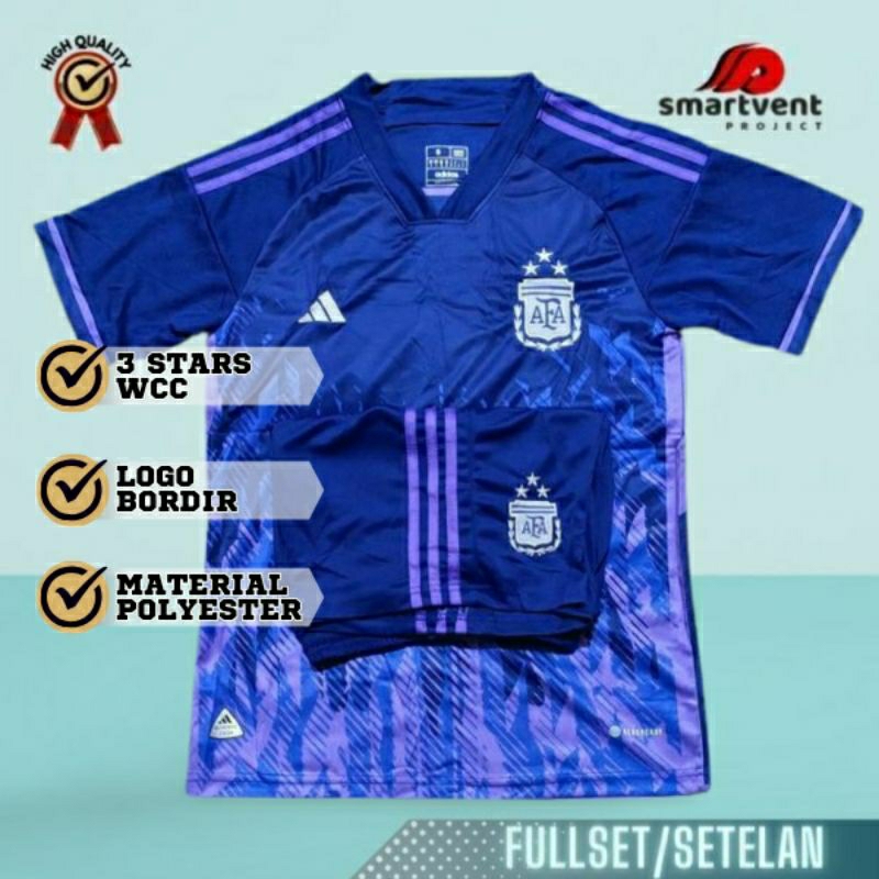 Setelan Jersey Bola Argentina Away 3 Bintang World Cup Champion Grade Ori High Quality