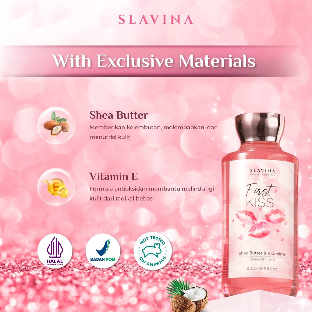 SLAVINA Sabun Mandi Cair First Kiss Wangi Harum Nagita Slavina Mewah Elegan Lama Shower Gel Shea Butter + Vitamin E  Kesegaran Citrus Manis Vanila Sandalwood 350ml