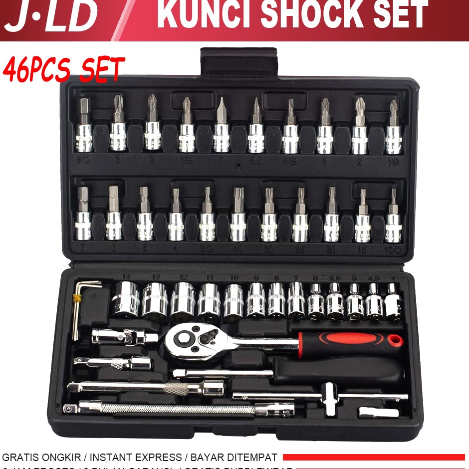 JLD kunci 1set lengkap 46 Pcs kunci shock set 14 Kunci Sok Socket Wrench Pas socket Set Mobil Motor 