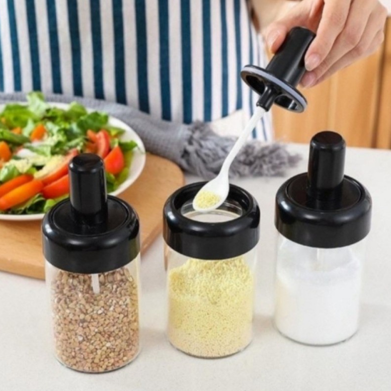 Botol Kaca + Sendok Toples 300ml Tempat Bumbu Rempah Garam Gula Madu Spice Bottle 300 ml Serbaguna