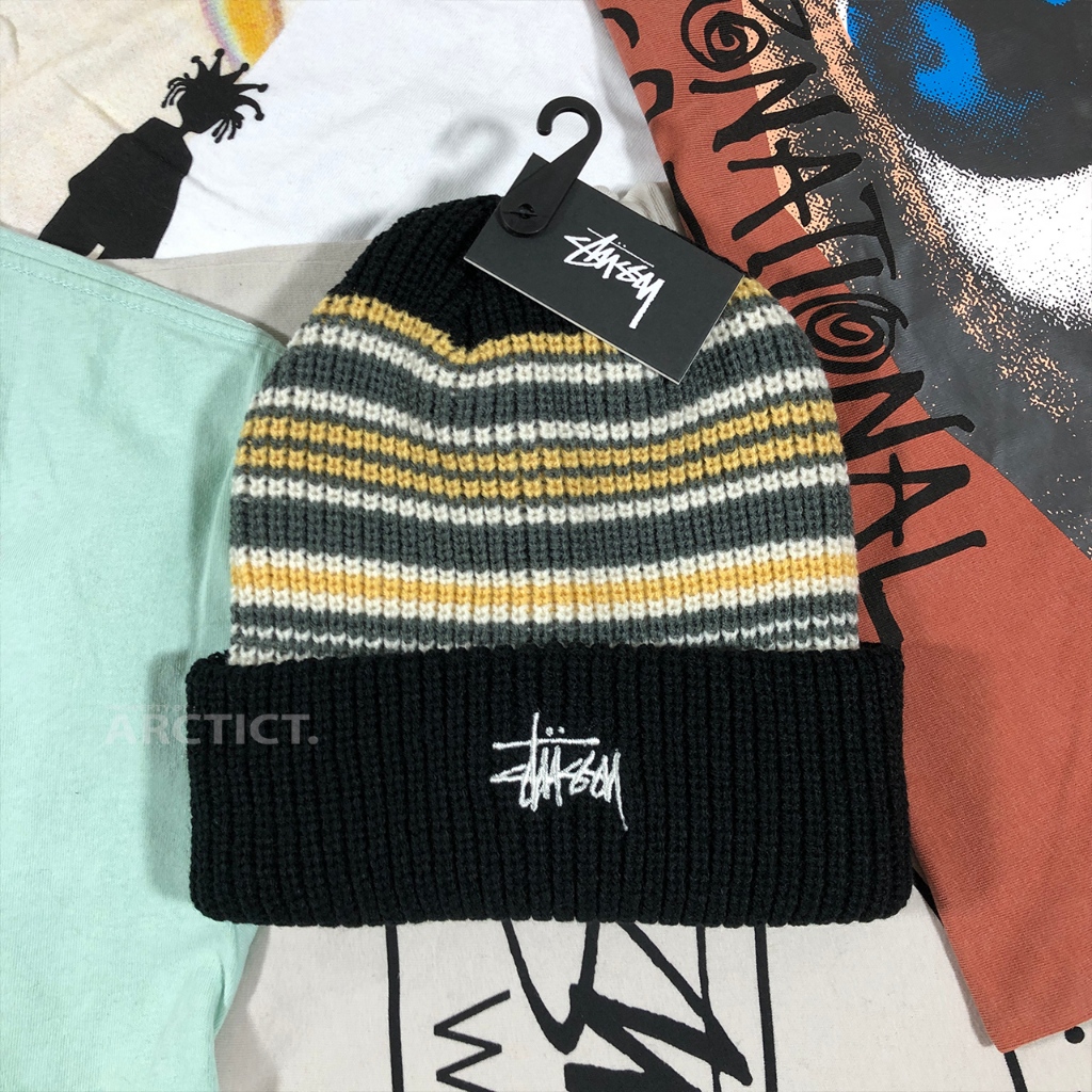 STUSSY STRIPED CUFF BEANIE HAT - BLACK | ORIGINAL