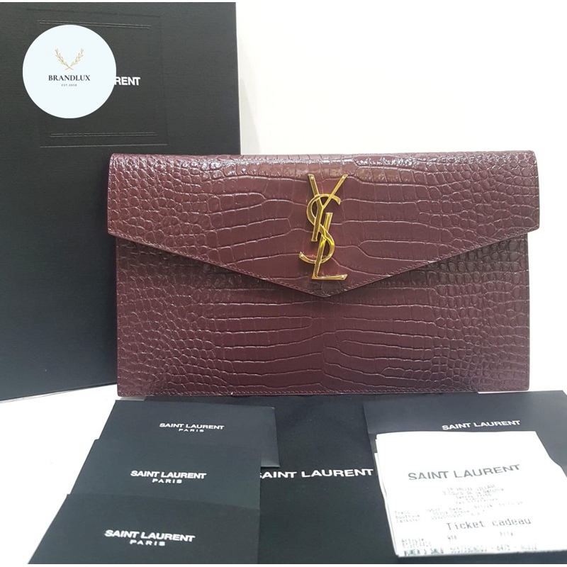 YSL SAINT LAURENT clutch pouch flap medium croco maroon GHW