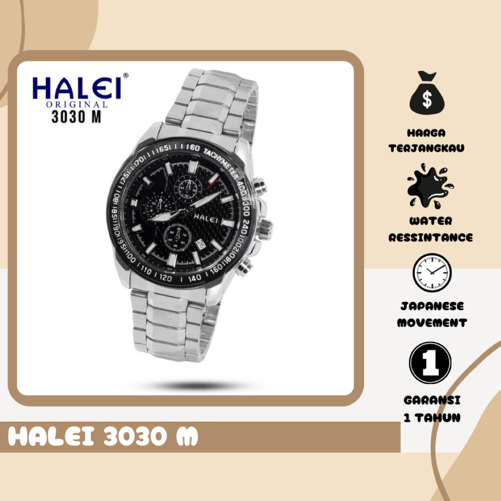 Halei.ID 3030 M Jam Tangan Pria Halei Original Rantai Stainless Steel Sport Analog Tanggal - Tahan A