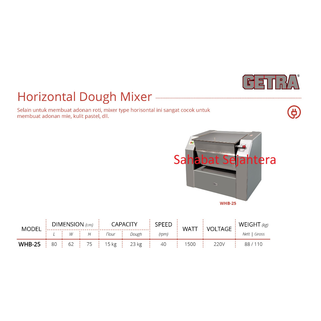 GETRA Horizontal Dough Mixer WHB-25 Mesin Pembuat Adonan Roti