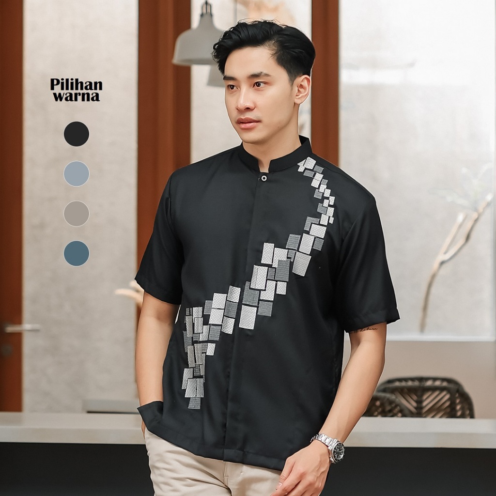 baju koko bordir lengan pendek katun warna hitam biru abu cream alkinan ak048