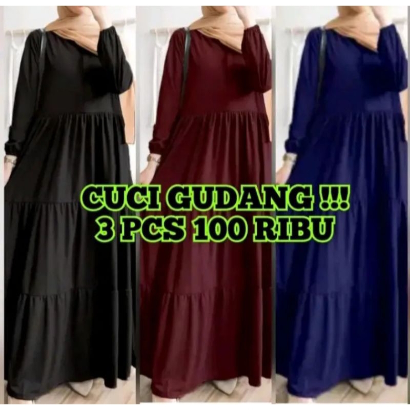 Promo 100Ribu Dapat 3Pcs Gamis Polos Motif Rempel Tiga Susun Termurah