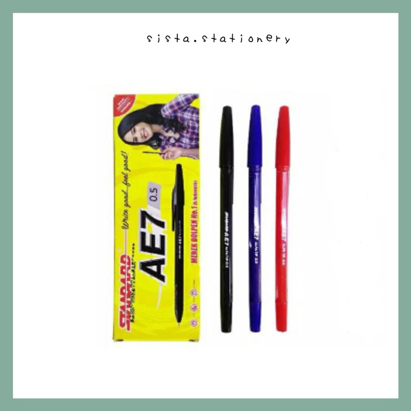 Standard Pulpen Bollpoint AE7 0.5 Hitam Merah Biru isi 12