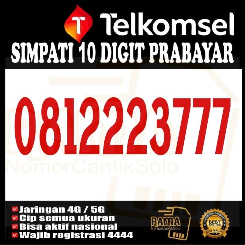 Nomor Cantik Telkomsel 10 Digit - 777 - Kartu Perdana Nomor Cantik Telkomsel Simpati 4G support 5G