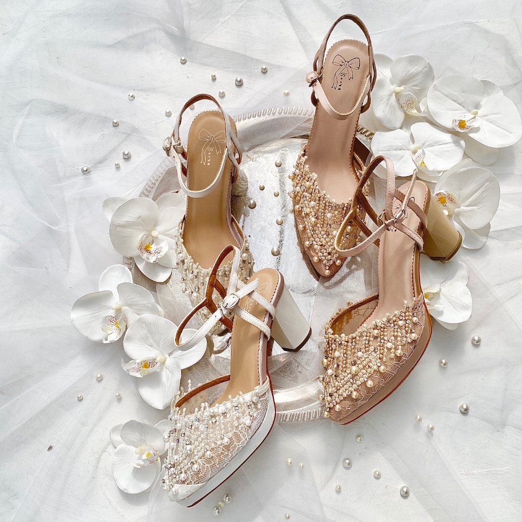 Nude Mocha Ivory White Sandal Sepatu Pesta Wedding Wanita Block Heels AVEDA