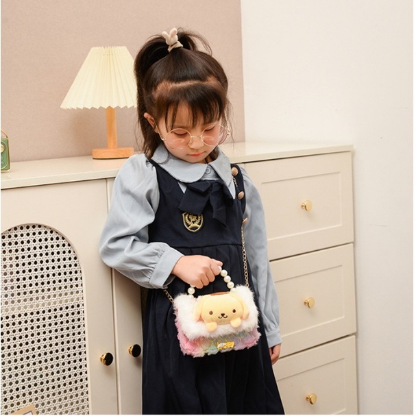 Tas Fashion Korea Anak Perempuan Selempang HAPPY  CINNAMOROLL YELLOW BULU PUTIH