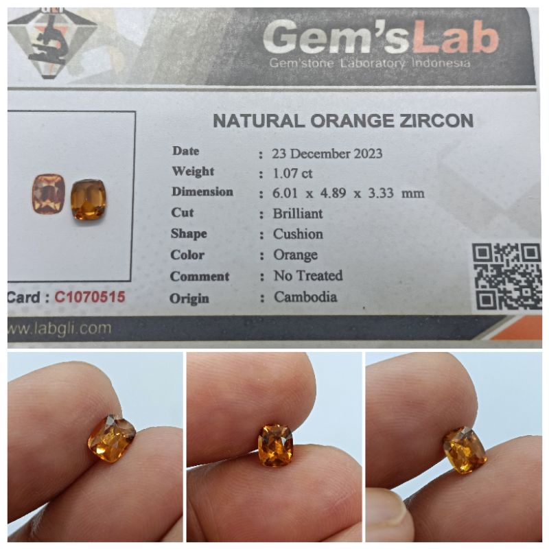 Natural Orange Zircon Cambodia Super Kristal 1 ct memo GLI