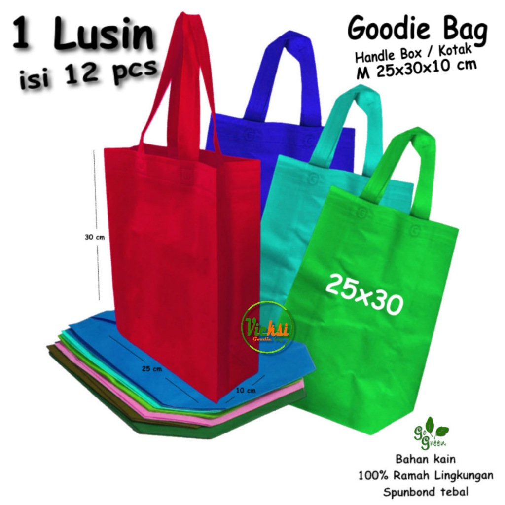 

Lusinan isi 12 pcs Tas Spunbond Goodie bag Handle Box Kotak Ukuran M= 25x35x10 Kantong Kain belanja Shopping bag, Goodybag Souvenir Snack Ultah, Totebag Hampers Pernikahan / Tasyakuran Ramah Lingkungan Pengganti Plastik / Paper bag Lebaran Idul Fitiri