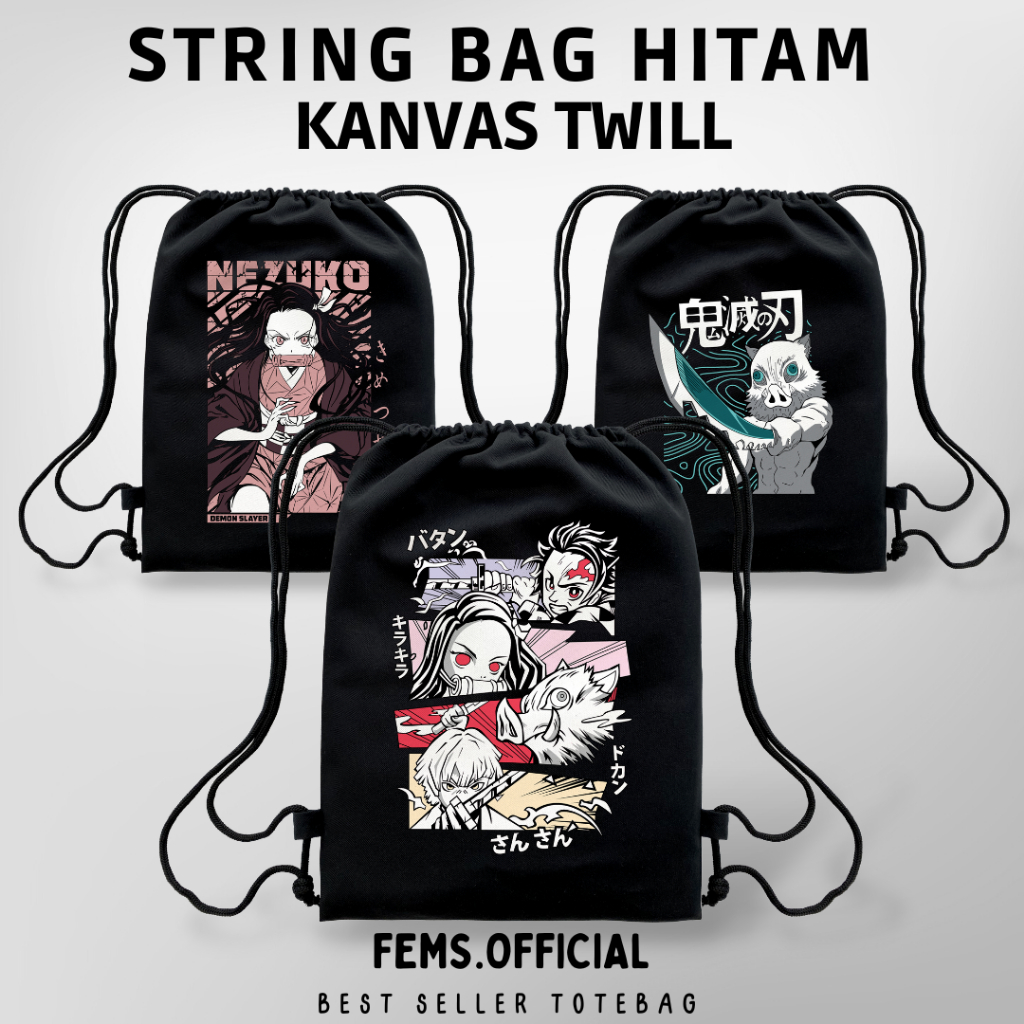 Tas Serut Anime String Bag Demon Slayer Kanvas Twill Hitam Tebal