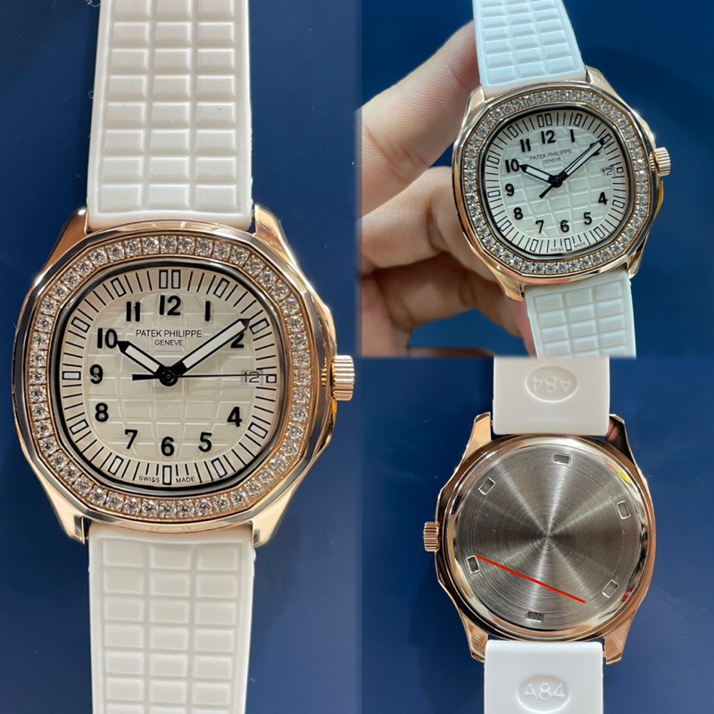JAM TANGAN WANITA PATEK PHILIPPE AQUANUT DIAMOND RING KARET PUTIH ROSEGOLD PREMIUM JAPAN AAA TANGGAL