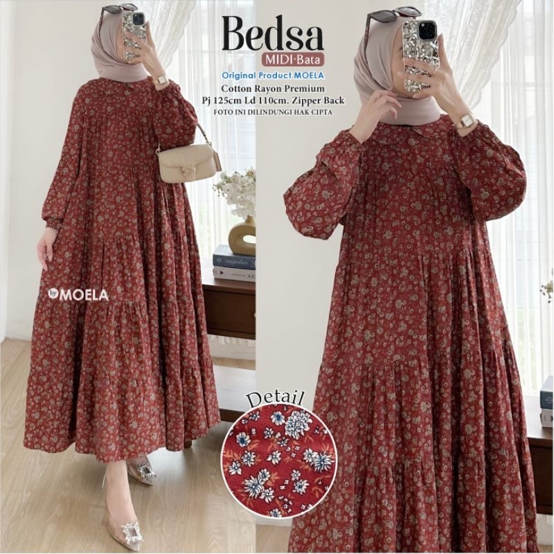 Bedsa Midi By Moela - Midi Dress Rayon Premium XL Ld110 Motif Bunga Kecil No Busui Zipper Back Best 