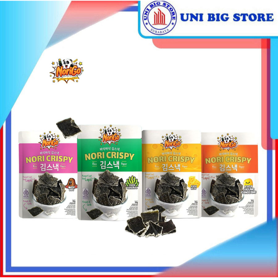 

Nori Go NORIGO Nori Crispy With Rice Papper Seaweed Origibal | BBQ | Keju | Jagung Panggang 20 gr Rumput Laut