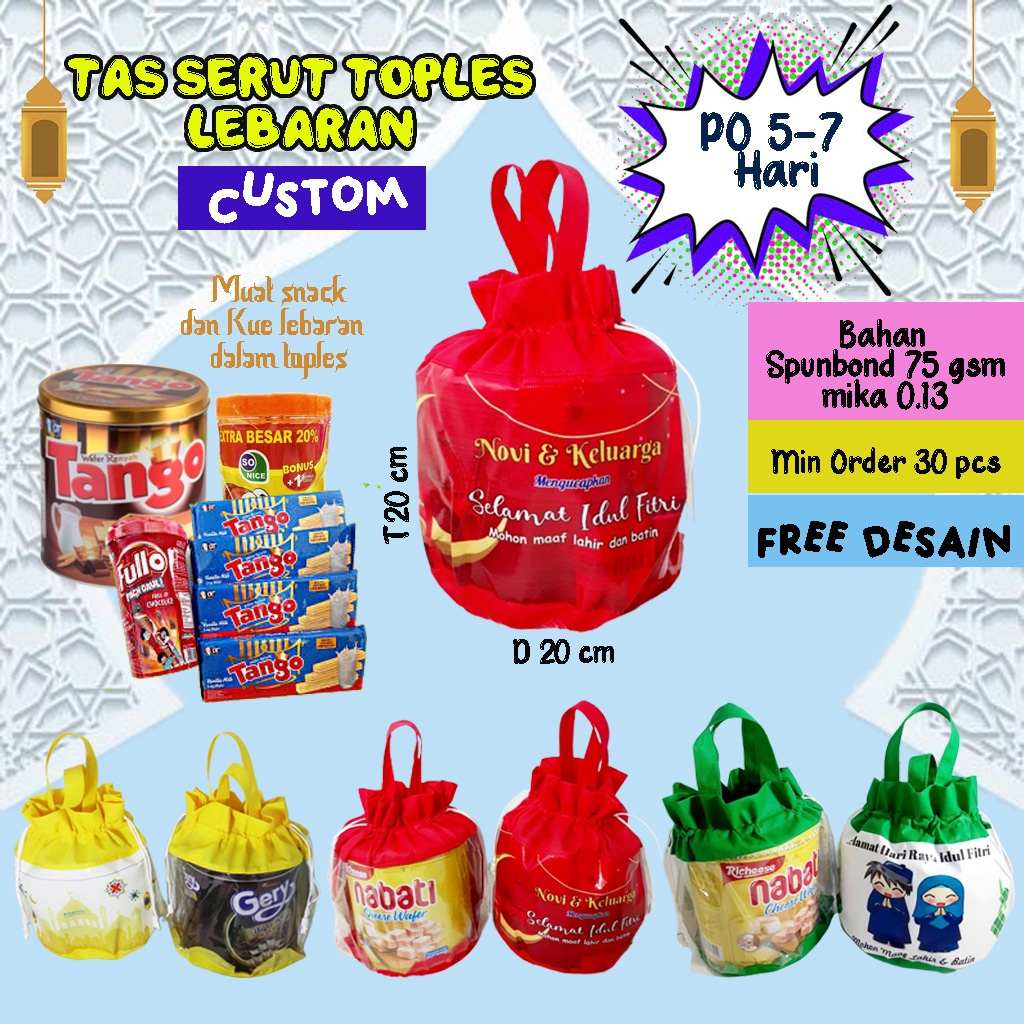 

Tas Souvenir Unik Lebaran/Idul Fitri Serut Mika Toples Custom Pre Order