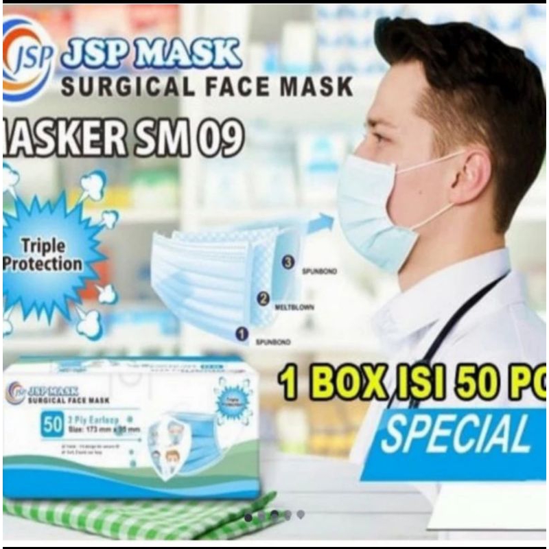 Masker non hijab earloop jsp 3 ply 50pc hitam