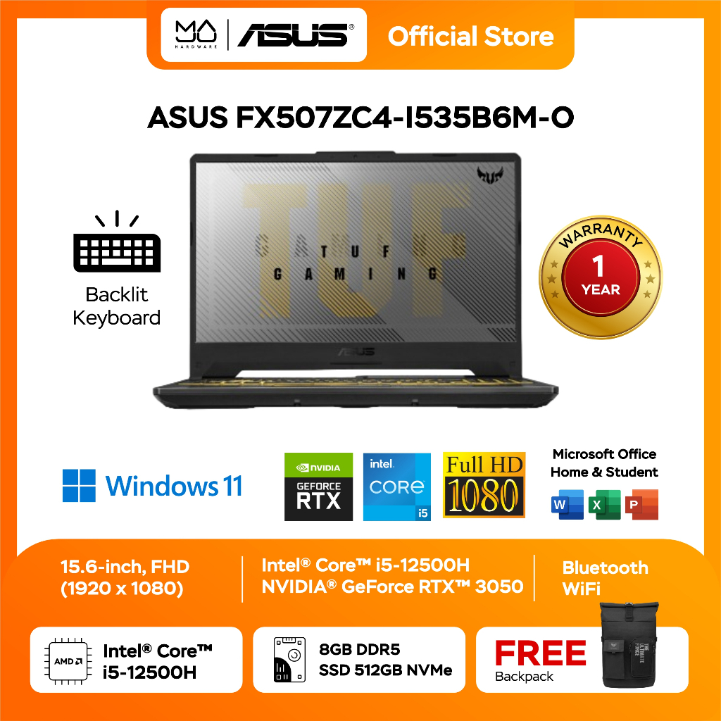 Laptop Asus TUF F15 FX507ZC4-I535B6M-O /Core i5-12500H/16GB/512GB SSD/RTX3050 4GB/15.6″ FHD 144Hz/Win 11 Home+OHS 2021/Mecha Gray Garansi Resmi