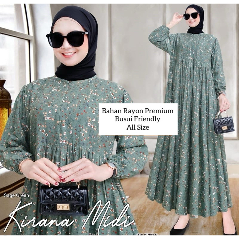 MIDI DRESS WANITA RAYON  / GAMIS RAYON ADEM BUMIL BUSUI FRIENDLY JUMBO-Kirana Sage