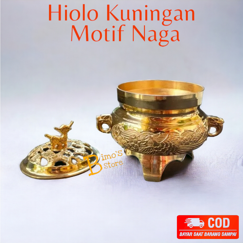Hiolo Kuningan Motif Naga Dengan Tutup Tempat Bakar Dupa Buhur Bokor Kuningan 1 pcs