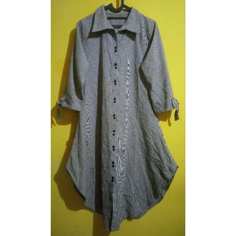 Preloved Kemeja Tunik Dress Motif Kotak Kecil Abu