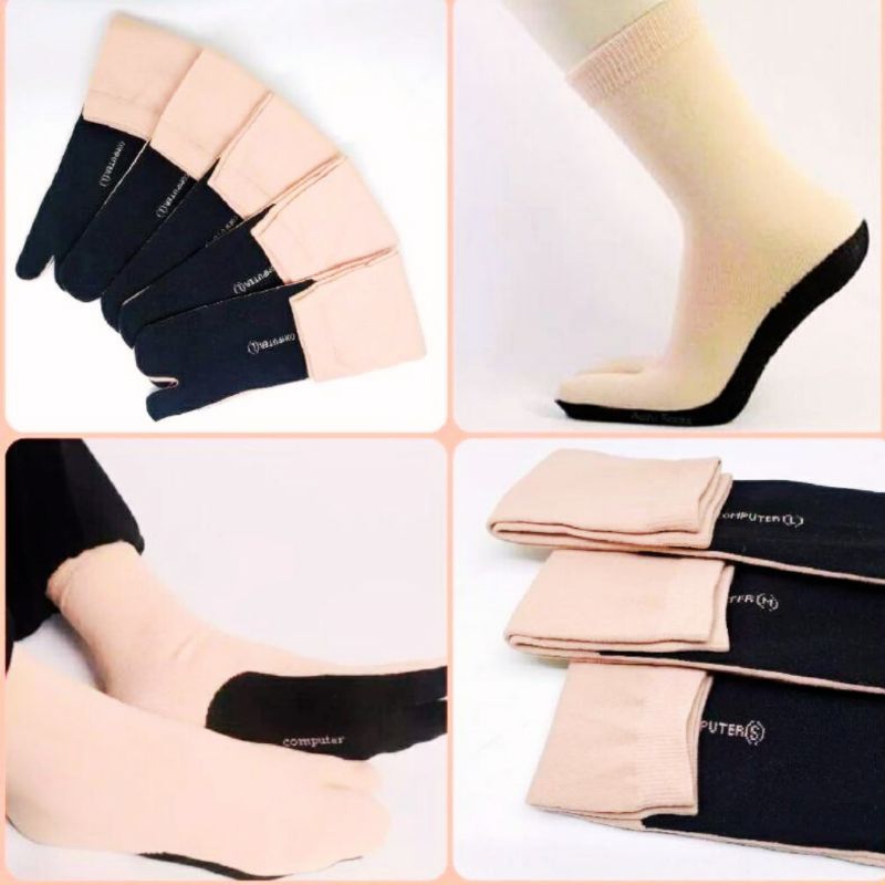 Kaos Kaki Jempol Panjang Wanita Muslimah Colat Cream Polos Telapak Hitam / Kaos Kaki Panjang Jempol 