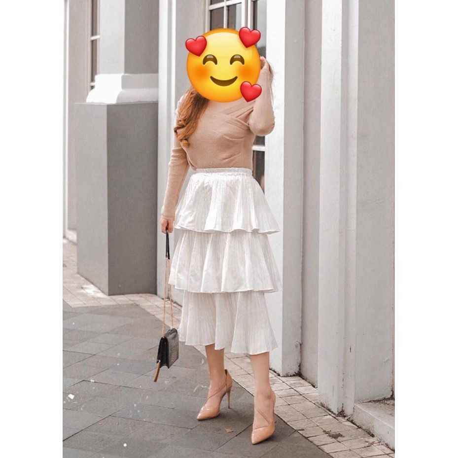 MIX & MAX TIERED SKIRT ROK PLEATS PUTIH WANITA PLEATED MIDI SKIRT ROK PUTIH PANJANG ROK TUMPUK