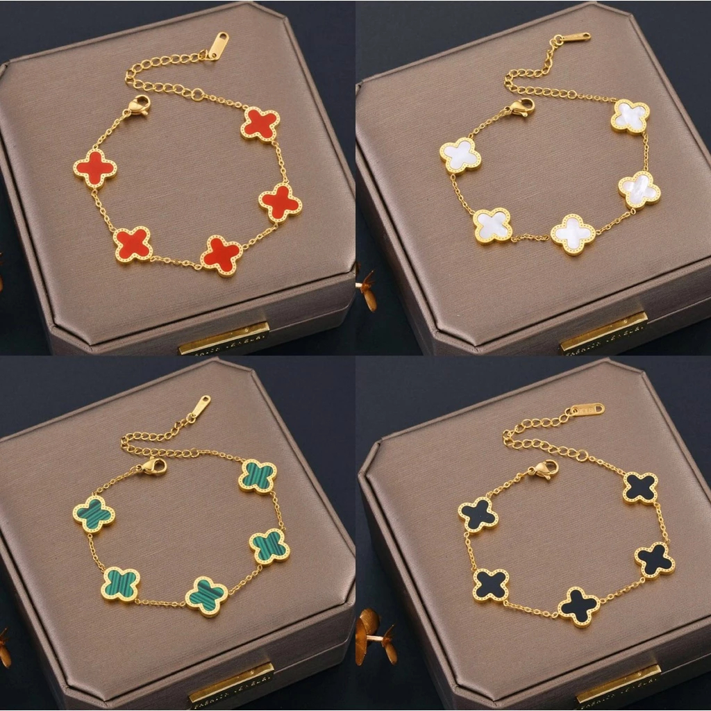 Gelang Titanium Asli Emas 18K Viral Wanita Motif Bunga Clover Korea Import Anti Karat Anti Luntur