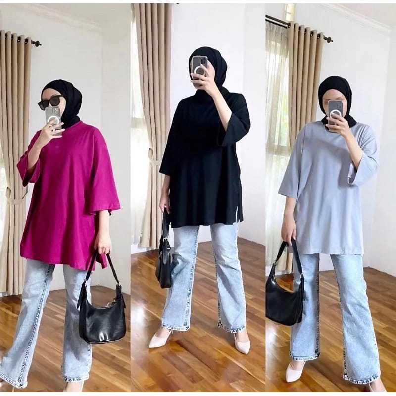 KAOS OVERSIZE POLOS WANITA / OVERSIZE JUMBO TANGAN 7/8 BASIC TOP FOR HIJAB / ATASAN OVERSIZE / T-SHI