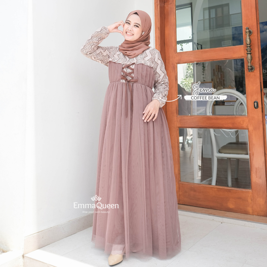 Emmaqueen - Dress Jema gamis elegan simple Kondangan Brukat Variasi tali Busui Wudhu Friendly XS/XXL