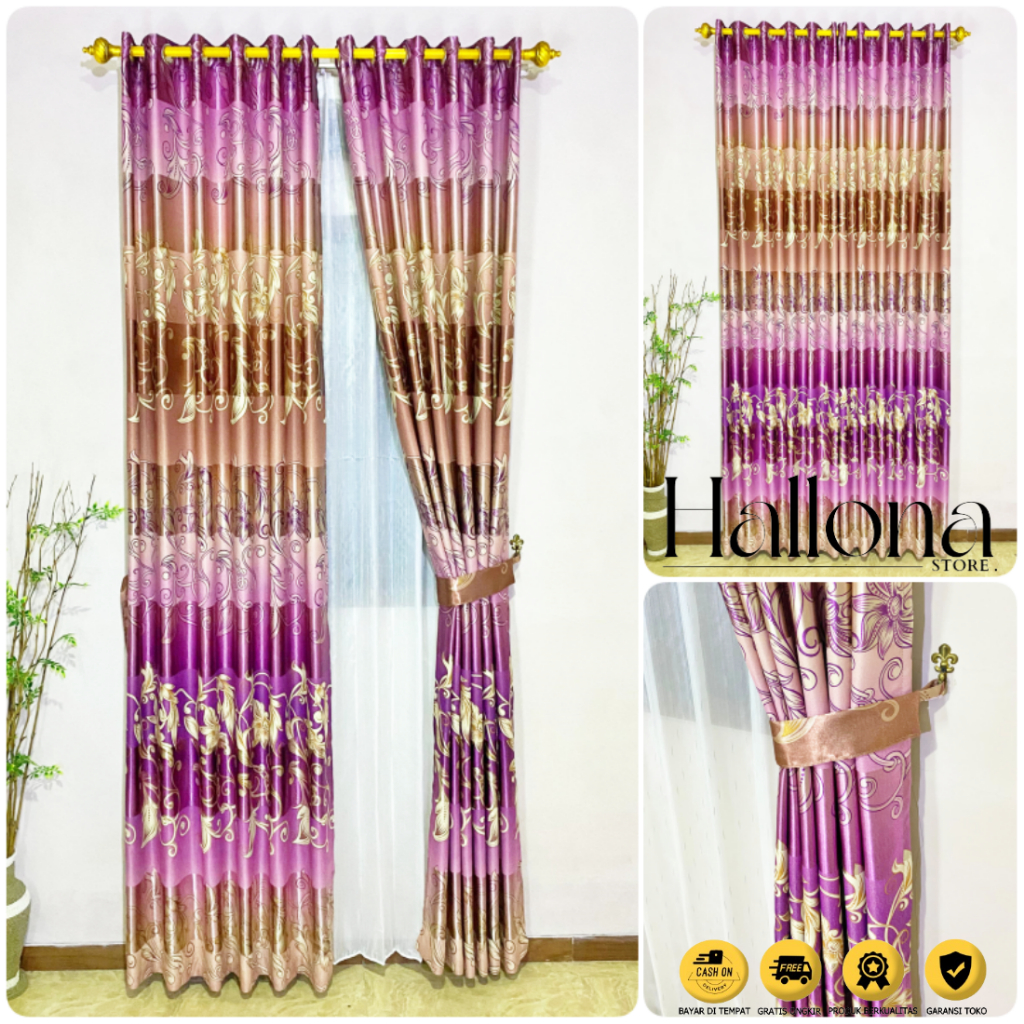 gorden jendela motif bunga warna ungu elegan murah tapi mewah tinggi 230 minimalis ruang tamu 6 gelo