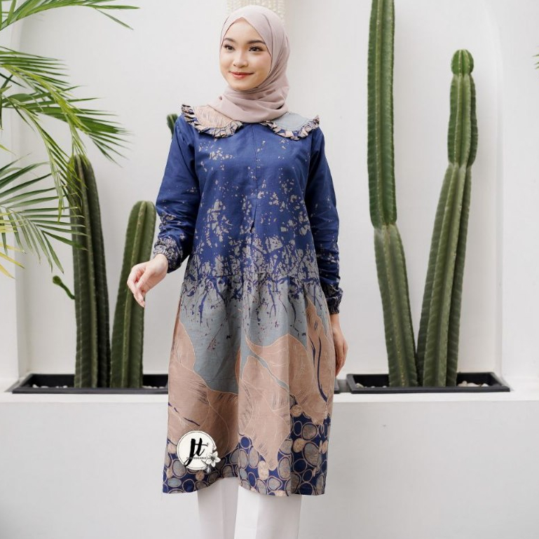 Tunik Batik Atasan Wanita Bahan Katun Lengan Panjang M L XL Lukis Biru Navy