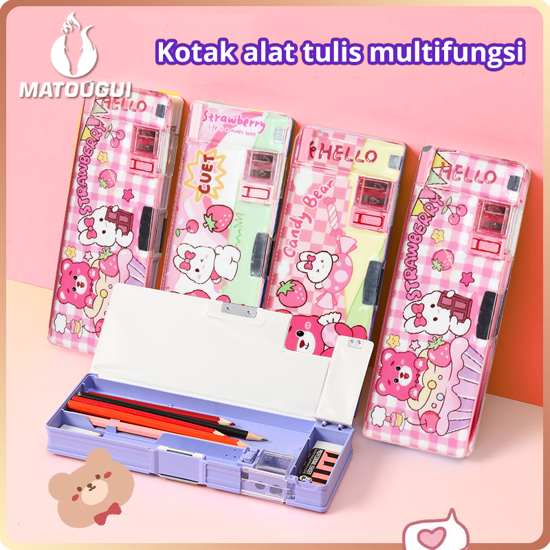 

Matougui Kotak Pensil Anak Tempat Pensil Multifungsi Motif Storage Box Lapisan Ganda Tunggal Dengan Rautan Kapasitas Pencil Pola beruang stroberi kartun