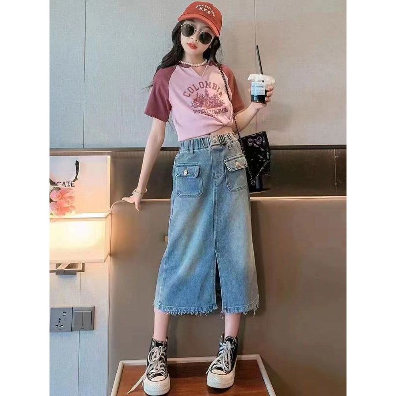 BAJU ANAK SETROK CARGO KARGO JEANS RIPPED BLOUSE RIMPEL LENGAN PANJANG IMPORT ROK BELAH DEPAN