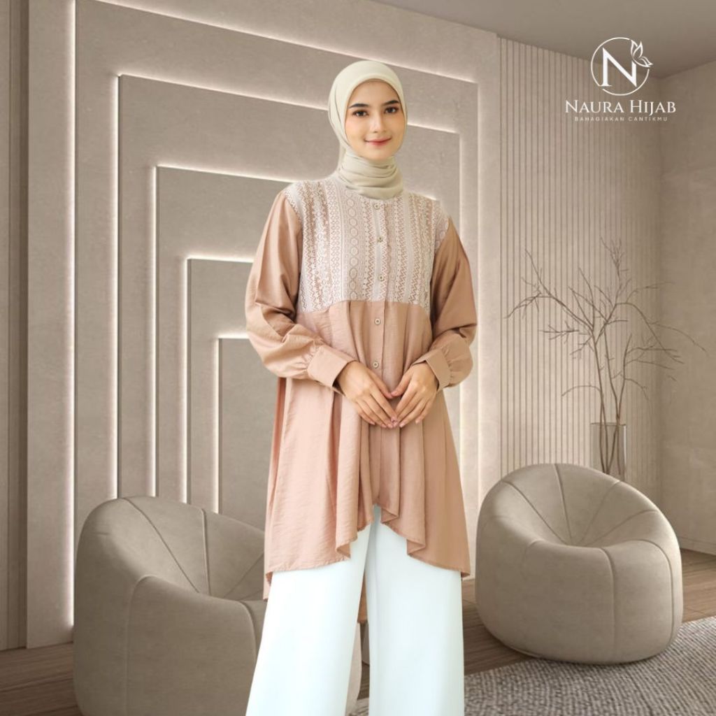 Tunik Putih by Naura Hijab - Tunik wanita panjang putih,hitam lengan panjang full kancing busui frie