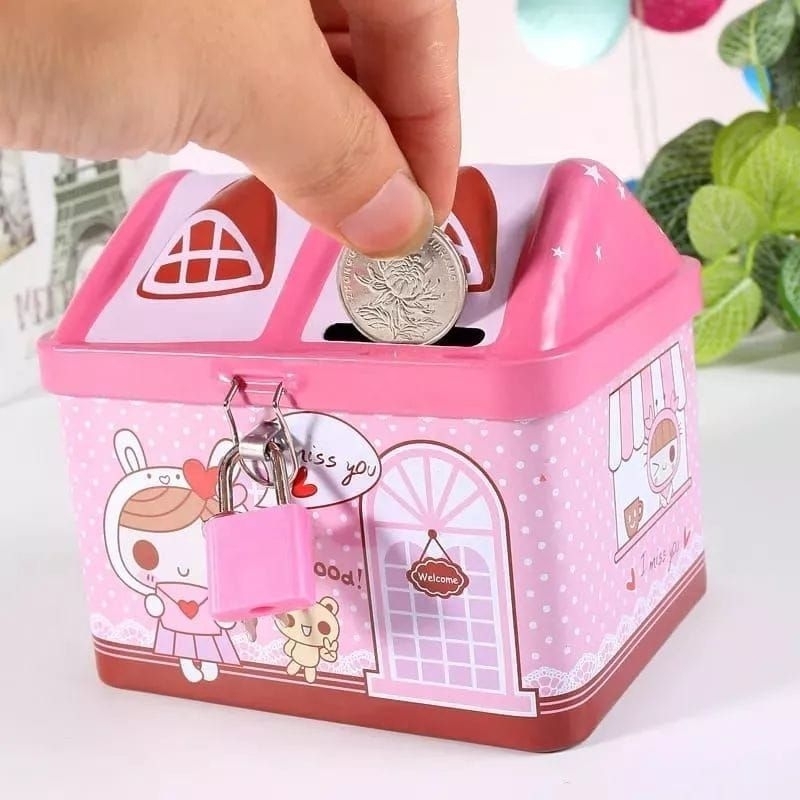 CELENGAN KALENG Kunci Gembok SAVING BOX TEMPAT PENYIMPANAN UANG MOTIF RUMAH Tabungan Anak