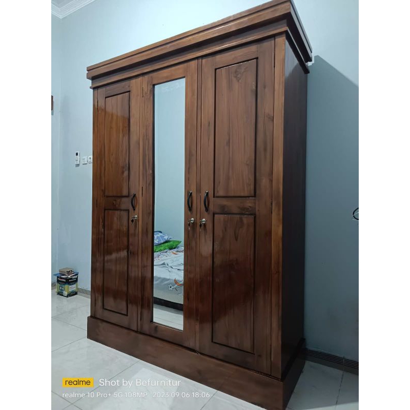 lemari baju 3 pintu kayu jati minimalis/ lemari pakaian minimalis kayu jati bahan tebal kokoh