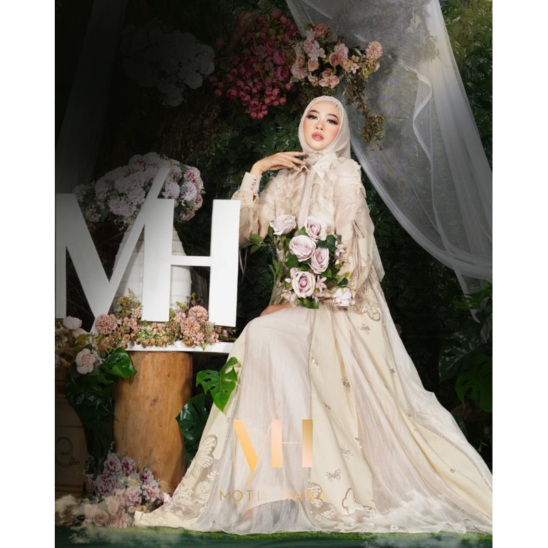 GAMIS SYARI SET SCRAF MH BUTTERFLY MONARCH SERIES KREM BY MOTIF HAWA /GANIS DRESS PESTA MEWAH ELEGAN
