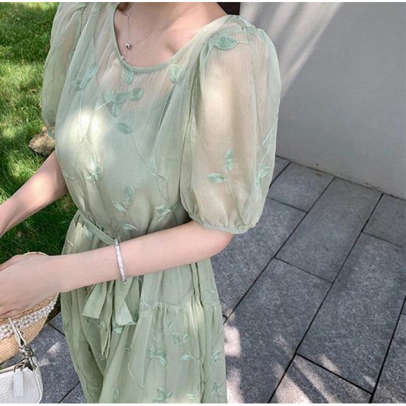 Emma Dress Tile Summer Beach Casual Sweet Street Holiday Korean Leaf Midi White Green Gaun Wanita