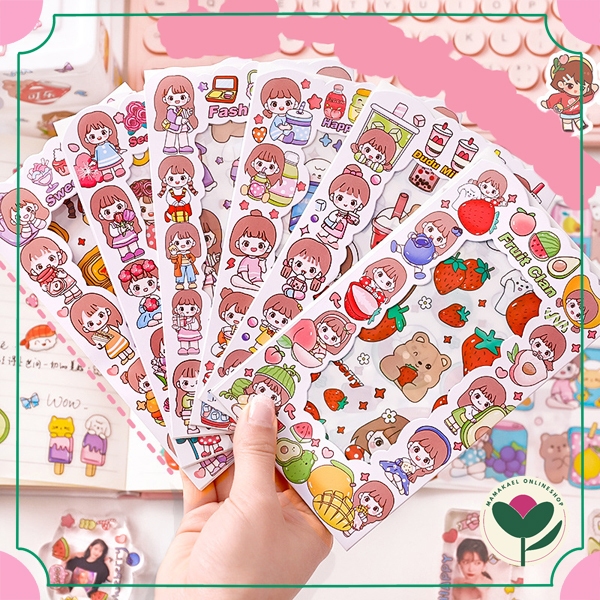 

1 set isi 6 lembar sticker happy girl lucu diy journal scrapbook deco stiker cute kawai estetik MK1397