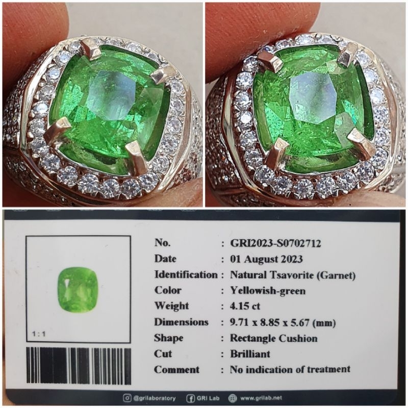 Natural Tsavorite Garnet 4.15 ct NTE fresh Color sparkling luster GRI ring Perak mikrosetting