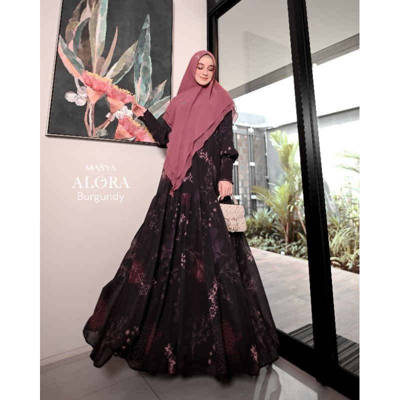 Set Gamis Dress Ceruty Babydoll Printing Premium Syari Pink Fanta - Coklat Tua - Mocca - Burgundy - 