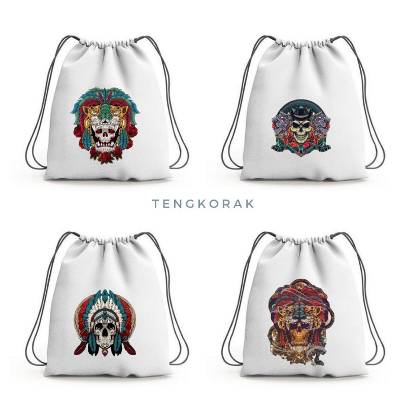Tas Online Banjarmasin - Tas Serut Pria Bergambar Tengkorak Full Print Bahan Kanvas