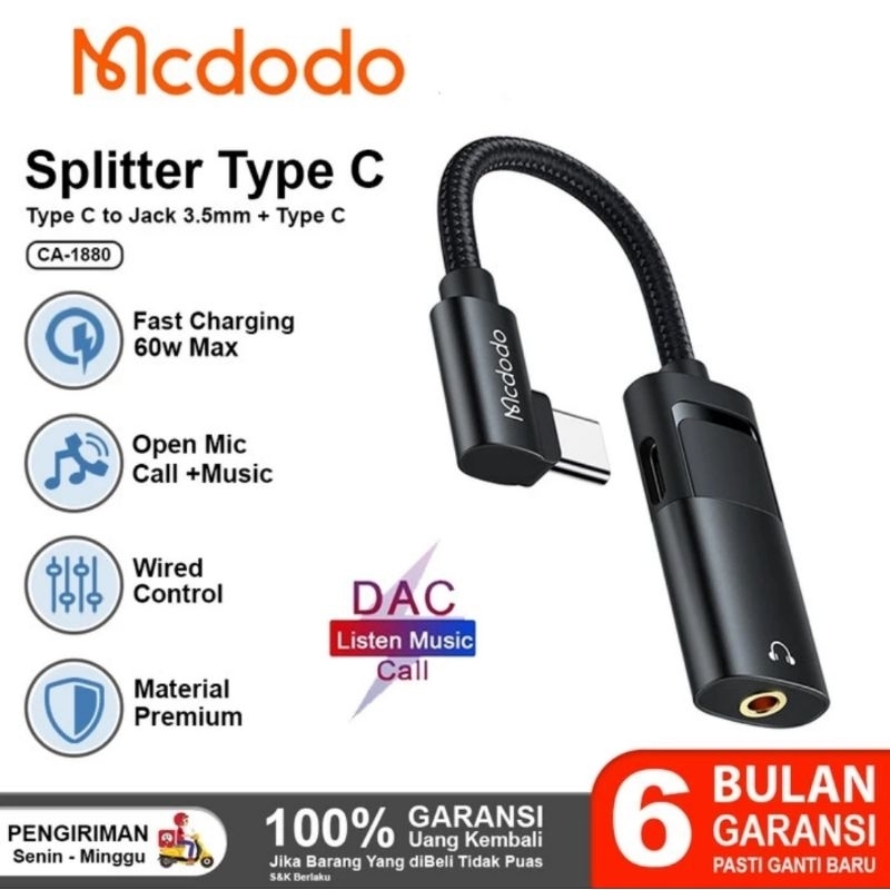 MCDODO Audio Converter Adapter Splitter USB Type C to Aux 3.5mm DAC CA-1880