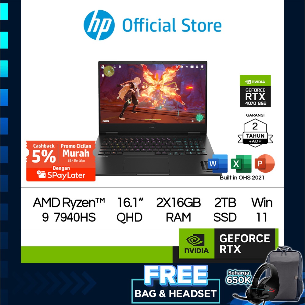 Cicilan Murah SPL - OMEN Laptop Gaming HP 16-xf0017AX Ryzen 9 7900HS NVIDIA GeForce 32GB RAM 2TB SSD W11 16.1 Inch AMD Garansi 2 Tahun / 16-n0046AX / Promo Murah Gratis Ongkir Official Non Second